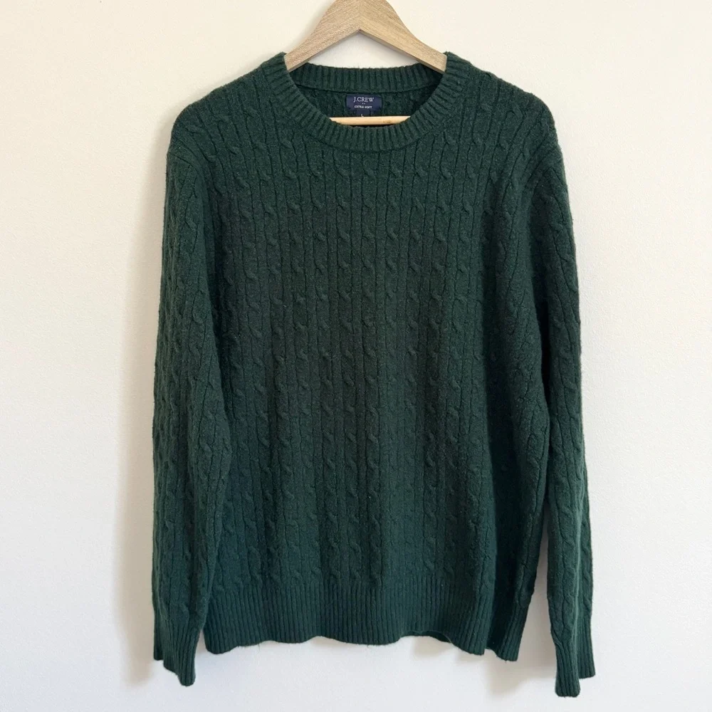 J. CREW Cable Knit Sweater Size Large Forest Green Cotton Men’s Pullover Soft